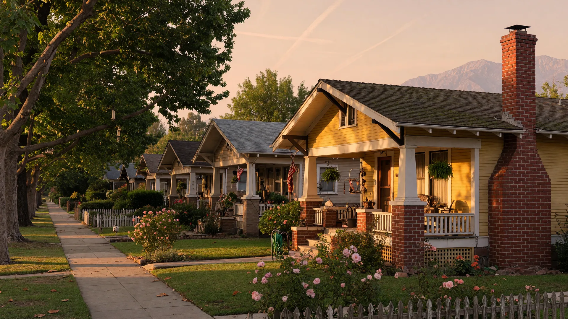 A golden-hour street of Craftsman bungalows with deep front porches in Bungalow Heaven, Pasadena, with the San Gabriel Mountains hazy beyond