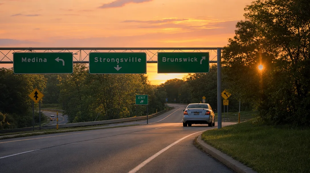 Highway exit at golden hour in Northeast Ohio