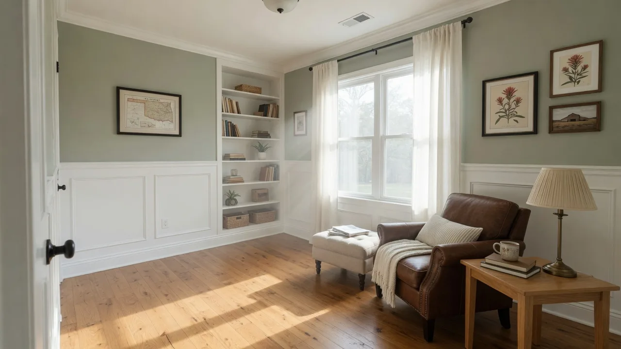 Cozy home office with warm oak floors, white wainscoting, a leather chair, and a desk by a bright window with shear curtains