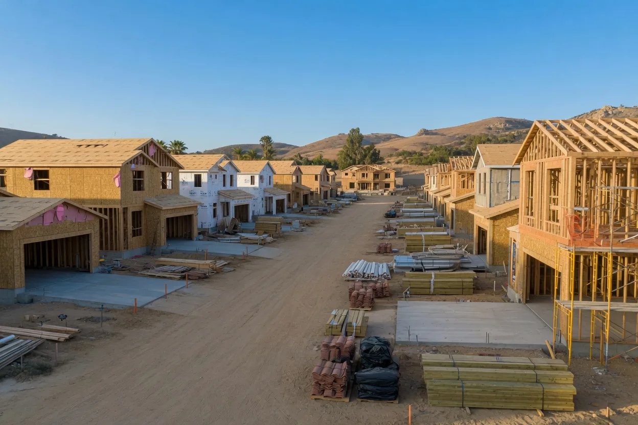 Wood-framed unfinished homes under construction in a new residential development in Southwest Riverside County