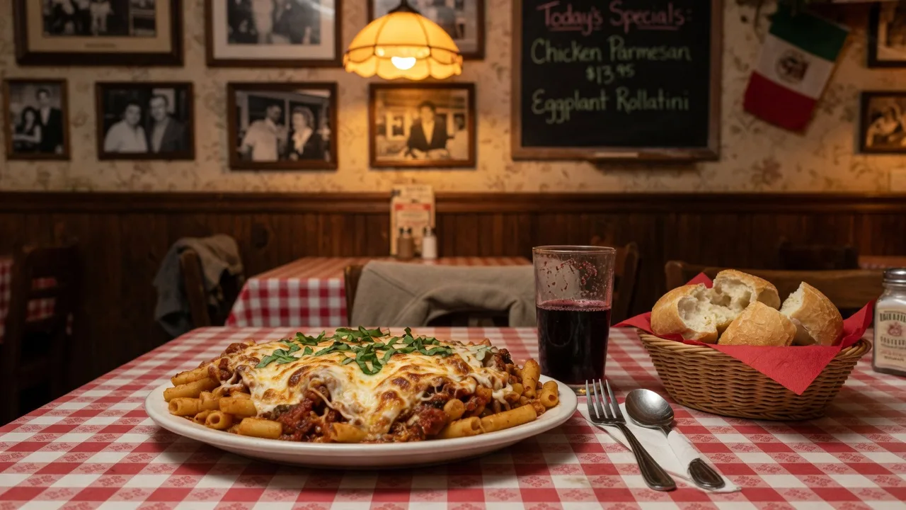 A generous plate of baked ziti at The Mediterranean Restaurant in Wilmington Ohio on a checkered tablecloth, with a glass of red wine and a basket of bread in warm low lighting