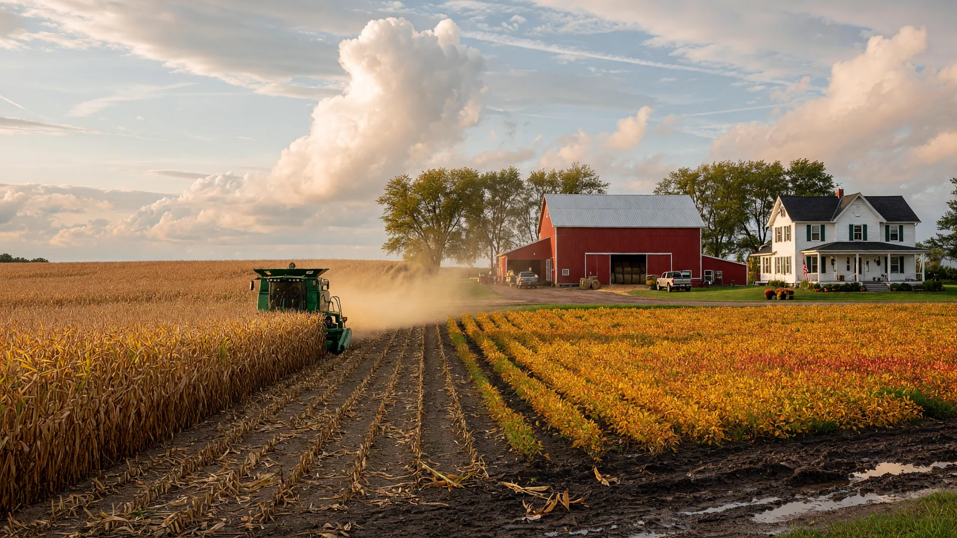 Cinematic wide view of a Wisconsin farm at the start of harvest in mid-September, with a combine working a golden cornfield in the foreground, an amber soybean field to the right, and a red barn and white farmhouse beneath a dramatic late-summer sky