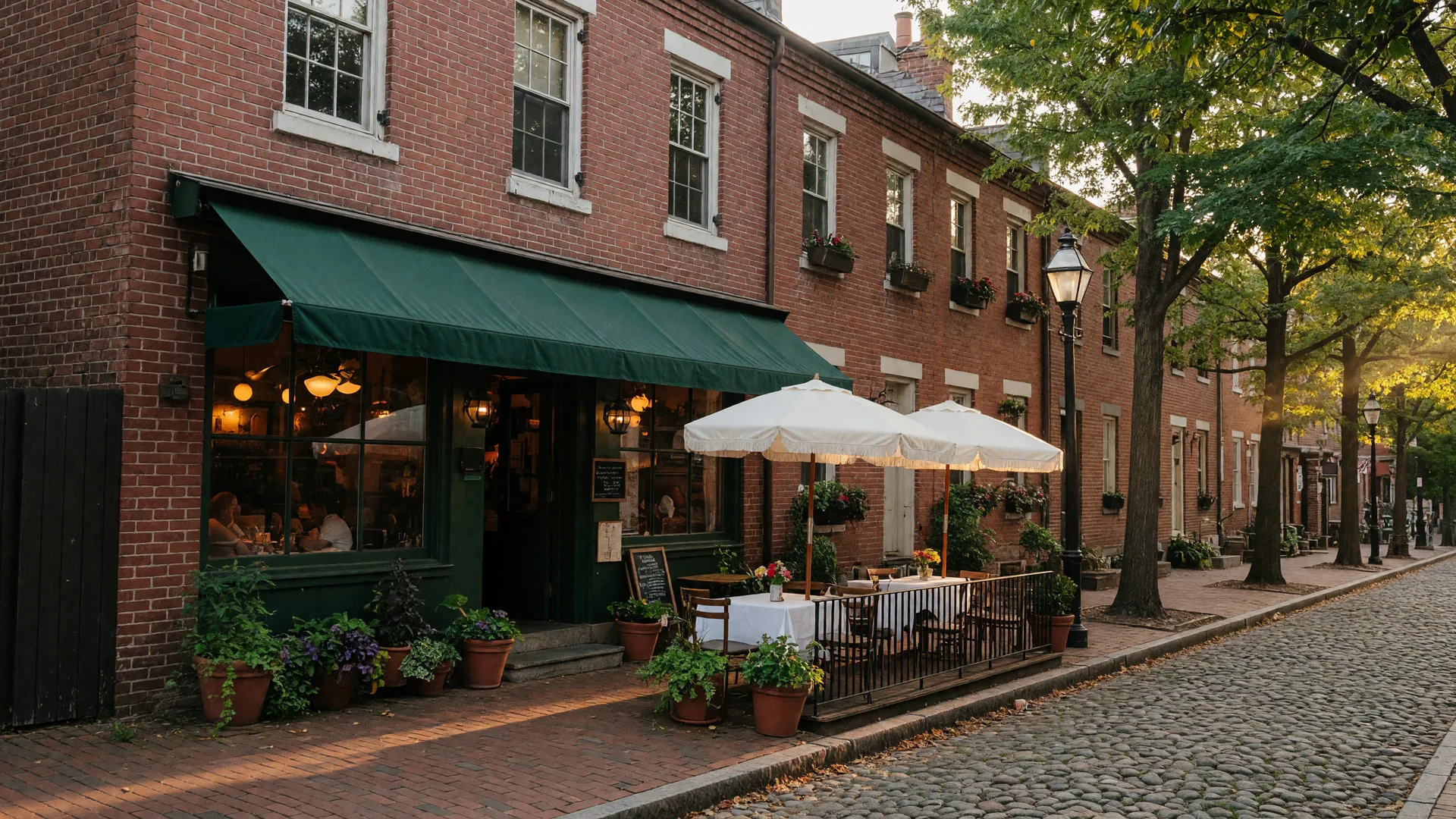 Historic brick rowhouse restaurant exterior in Georgetown, DC with a dark green awning and outdoor patio seating on a sunlit tree-lined street