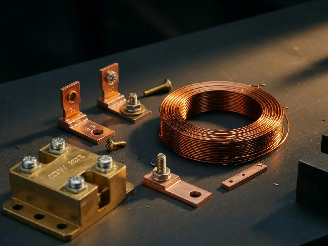 Precision electrical components and copper terminals on a dark workbench