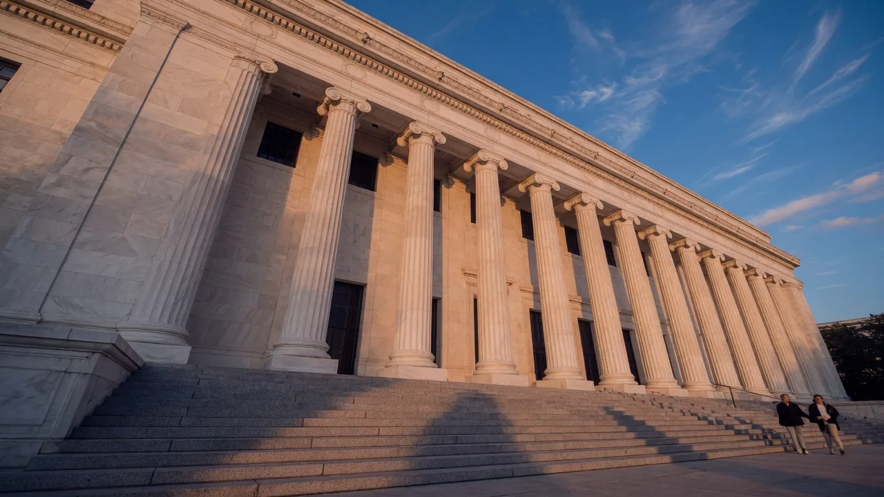 The Federal Reserve Eccles Building in Washington, D.C., in late-afternoon golden light, where the FOMC raised rates in September 2026