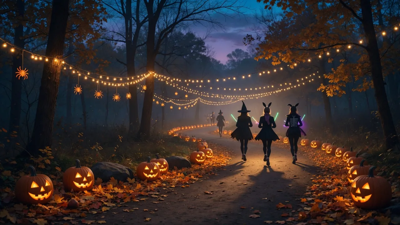 Jack-o-lanterns and string lights along a winding autumn woods trail at dusk