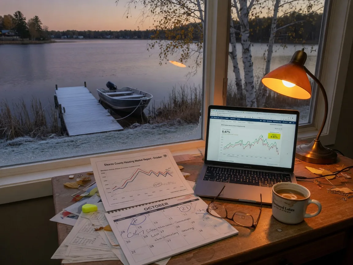 A real estate agent's desk in central Minnesota in late October with a printed county market report, a laptop open to a mortgage-rate tracker, a paper calendar open to October 21, reading glasses, and a coffee mug in warm lamp light