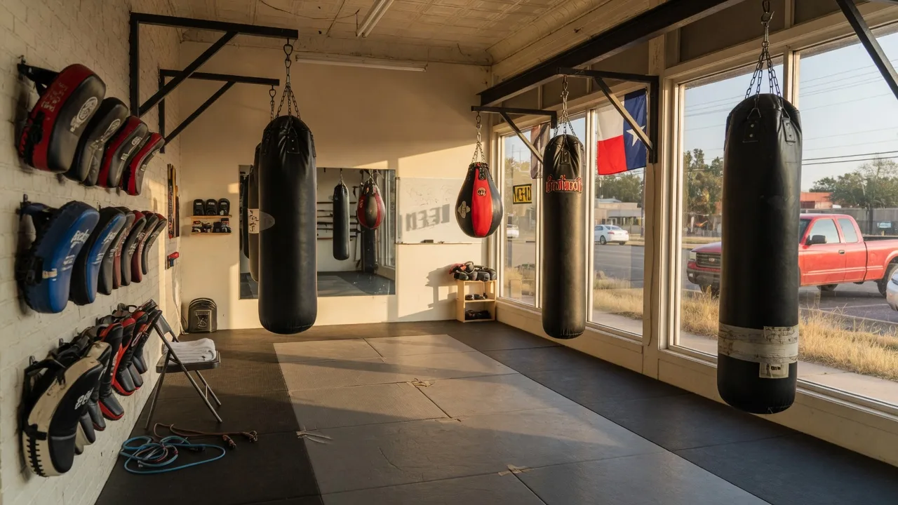The interior of a martial arts training gym with heavy bags,andmats,in a converted Texas storefront