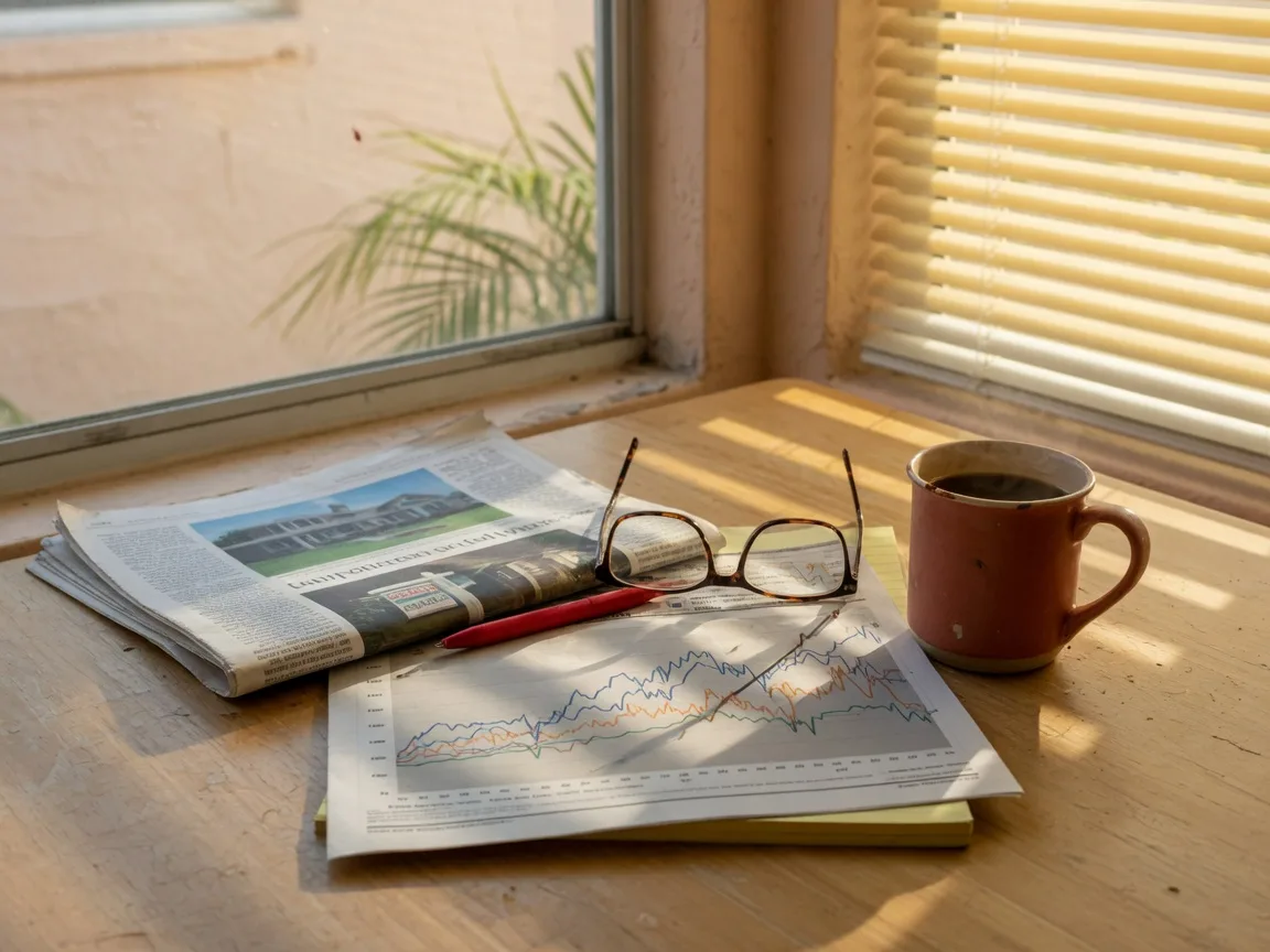 Housing market analysis with documents and calculator on a table in South Florida