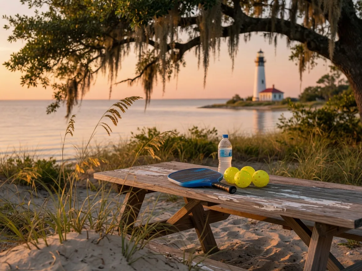 A pickleball paddle and yellow balls resting on a weathered picnic table at golden hour, with a live oak draped in Spanish moss and the Mississippi Sound beyond
