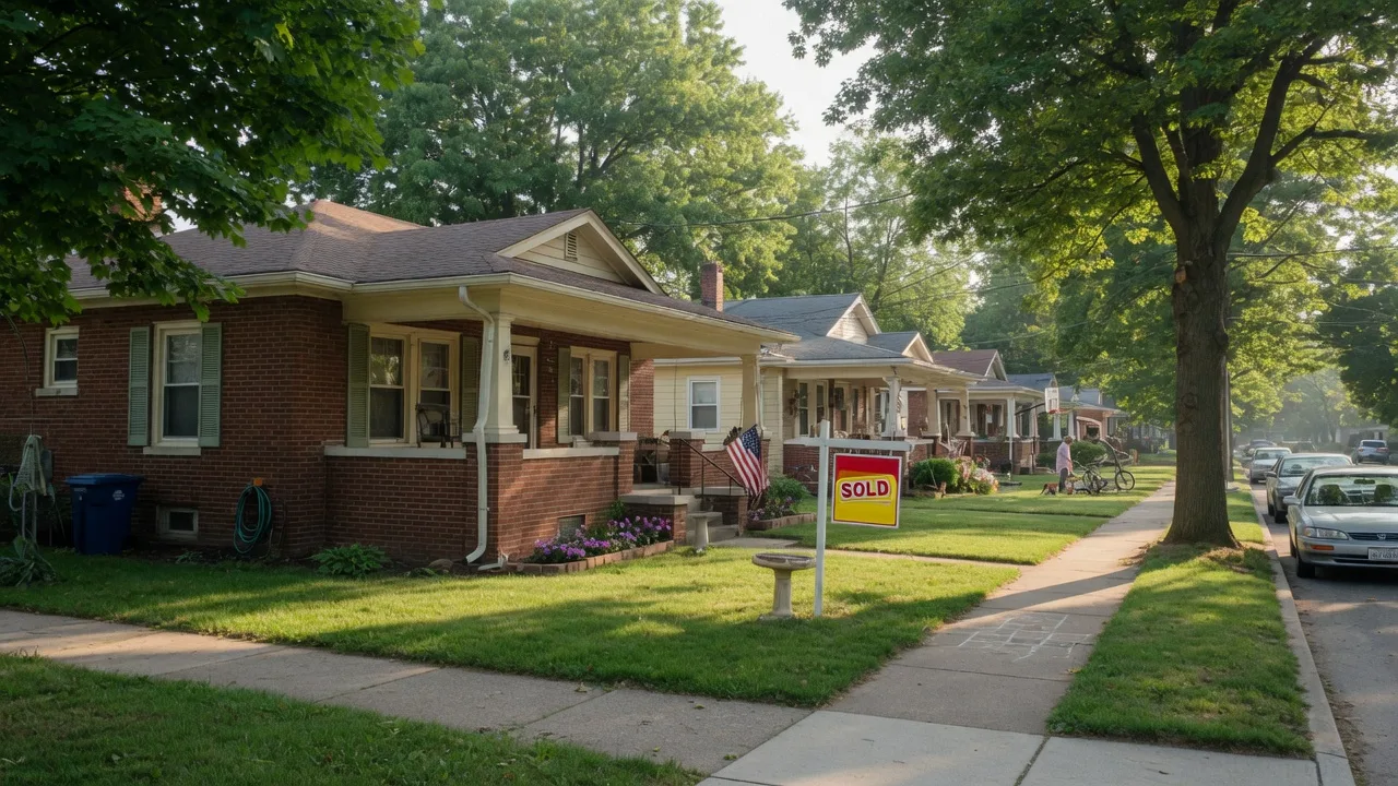 A charming brick bungalow on a tree-lined street in a Dayton Ohio neighborhood with a real estate sign in the front yard