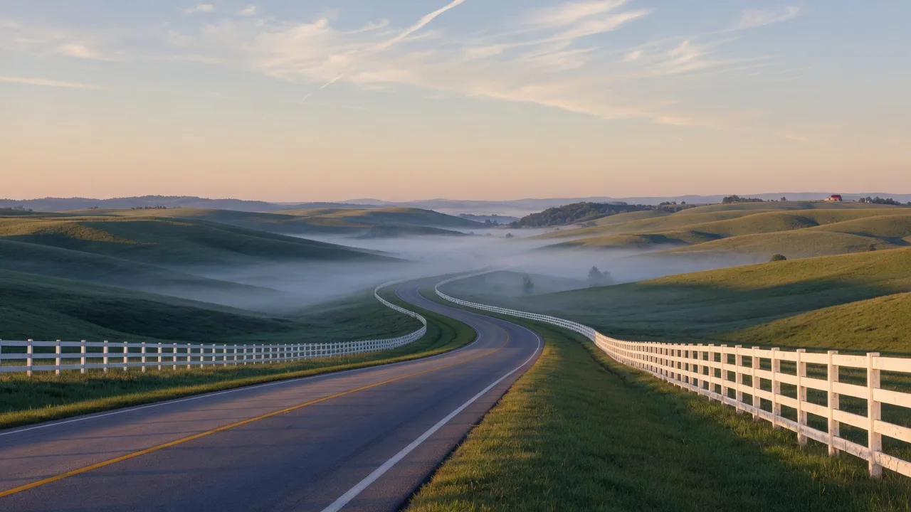 A two-lane Kentucky highway curving over bluegrass hills toward the horizon at sunrise