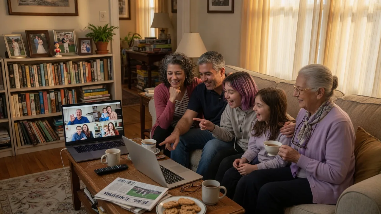 Multi-generational family gathered around a laptop for a video call in a cozy living room