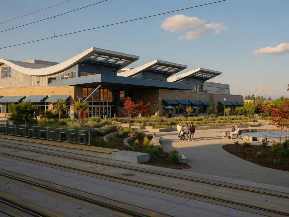 The Clackamas Town Center and its surrounding retail district on a sunny afternoon with landscaped plazas and light rail tracks in the foreground