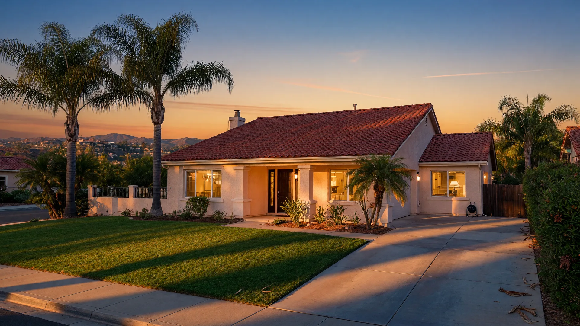 A well-maintained single-story Murrieta home with a red tile roof, manicured lawn, and palm trees at golden hour, representing a home that may be worth more than its owners assume