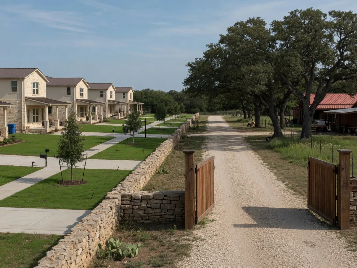 Two adjacent Hill Country properties divided by a limestone rock fence: a newer subdivision of one-story limestone homes on one side and a ranchette with a gravel driveway and mature live oaks on the other