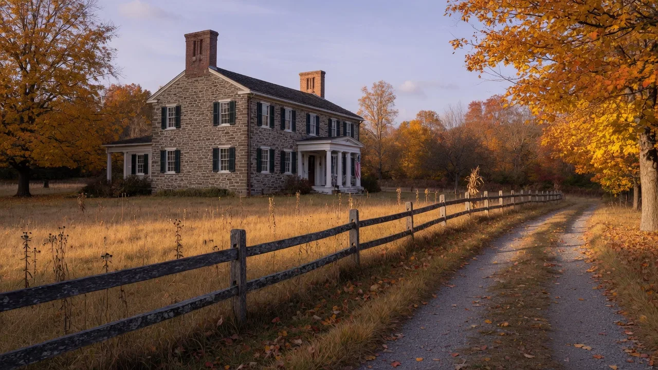 A historic colonial-era stone mansion on golden autumn fields near Oreland