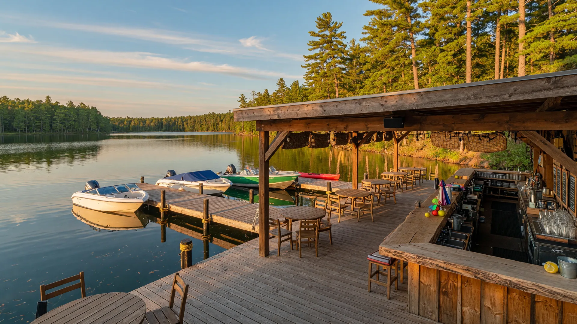 Waterfront resort bar and grill deck with tables and boats moored alongside