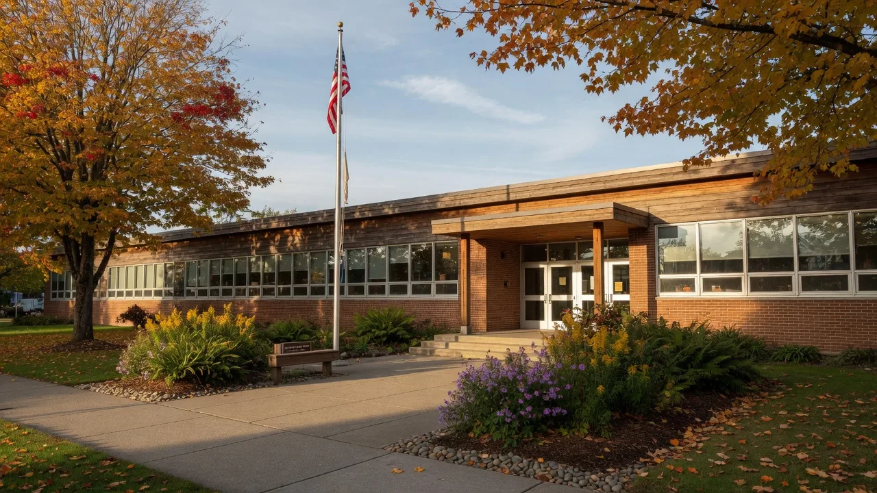 Modern Pacific Northwest elementary school building with a landscaped entry and maple trees in autumn color