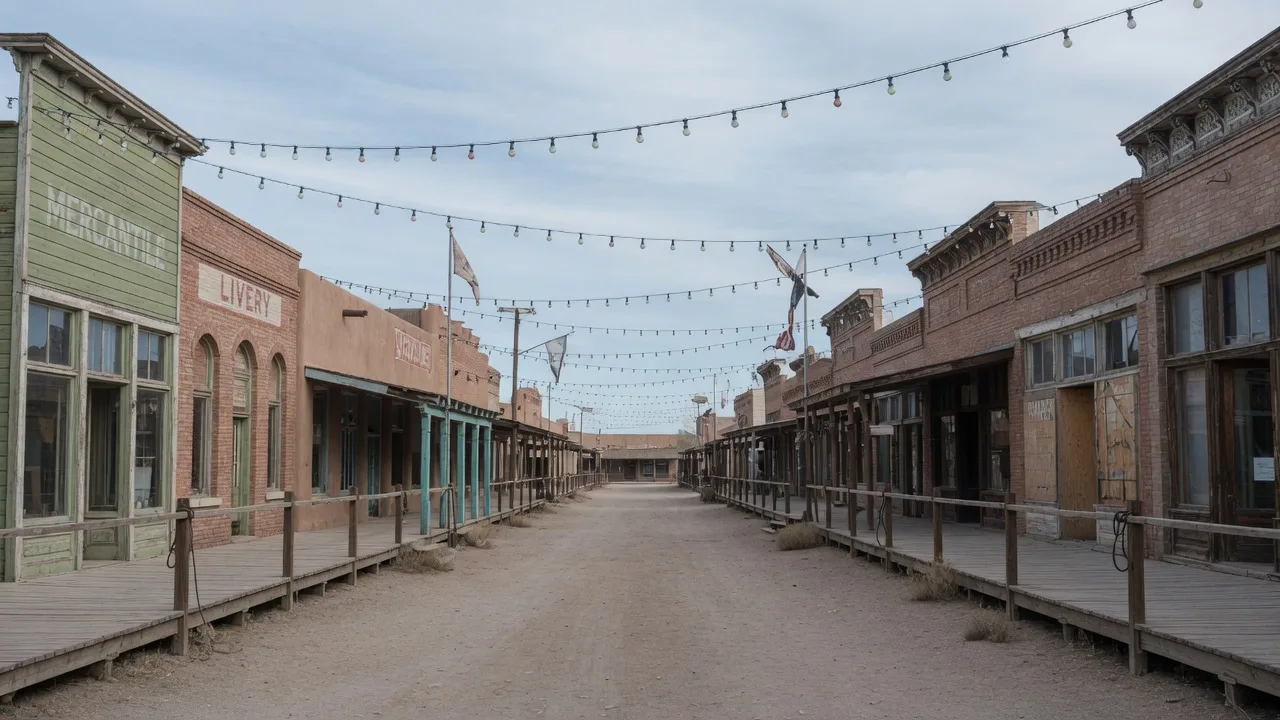 Historic western main street in old-town Avondale strung with lights at festival dusk