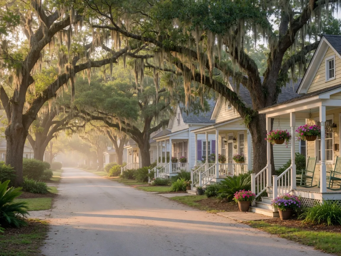 Lowcountry village lane under live oaks