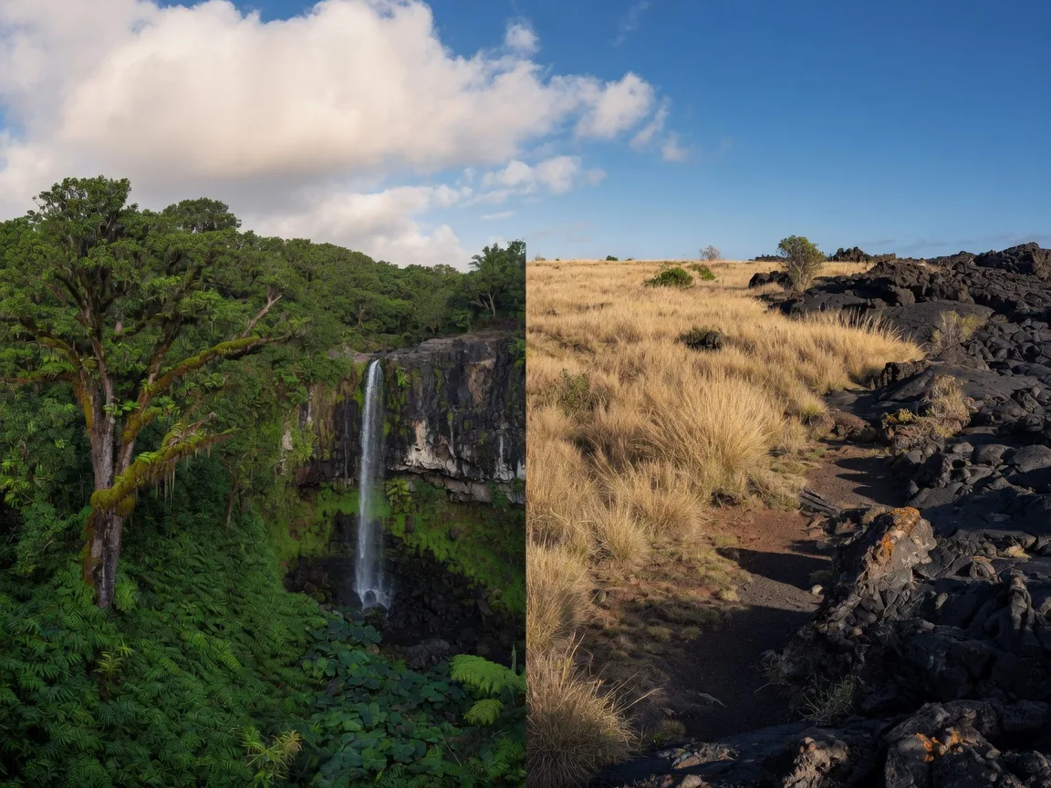 A single landscape showing lush rainforest on one side and dry golden grassland on the other