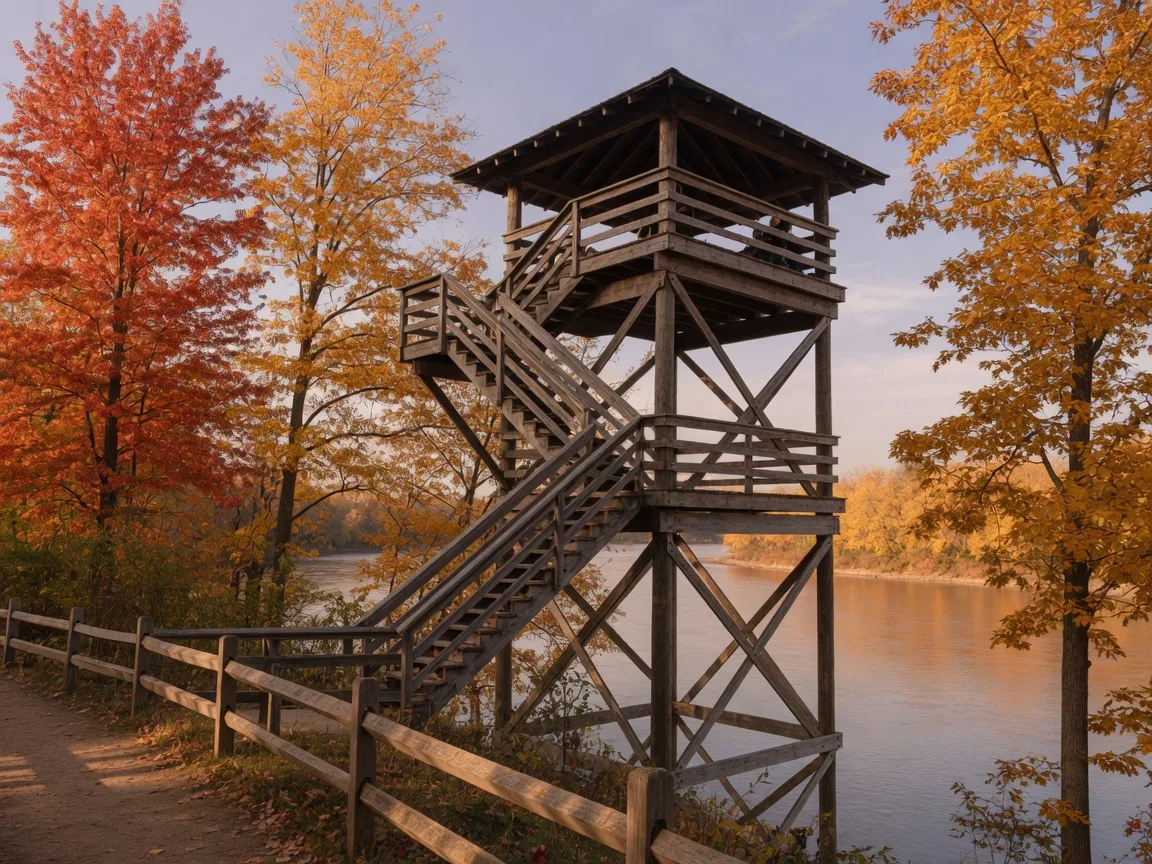 The two-story wooden observation deck at Flushing Township Nature Park rising above the Flint River, framed by autumn hardwoods