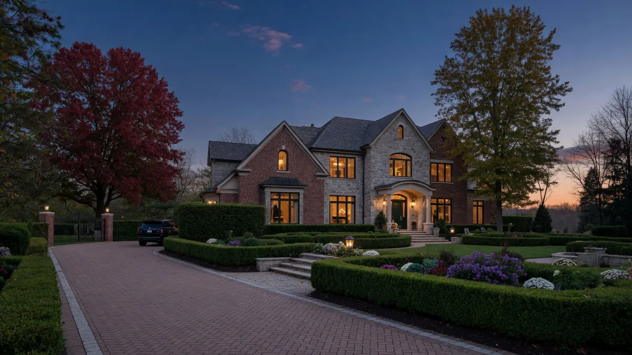 Stone and brick luxury estate home in Northeast Ohio at dusk with warm glowing windows