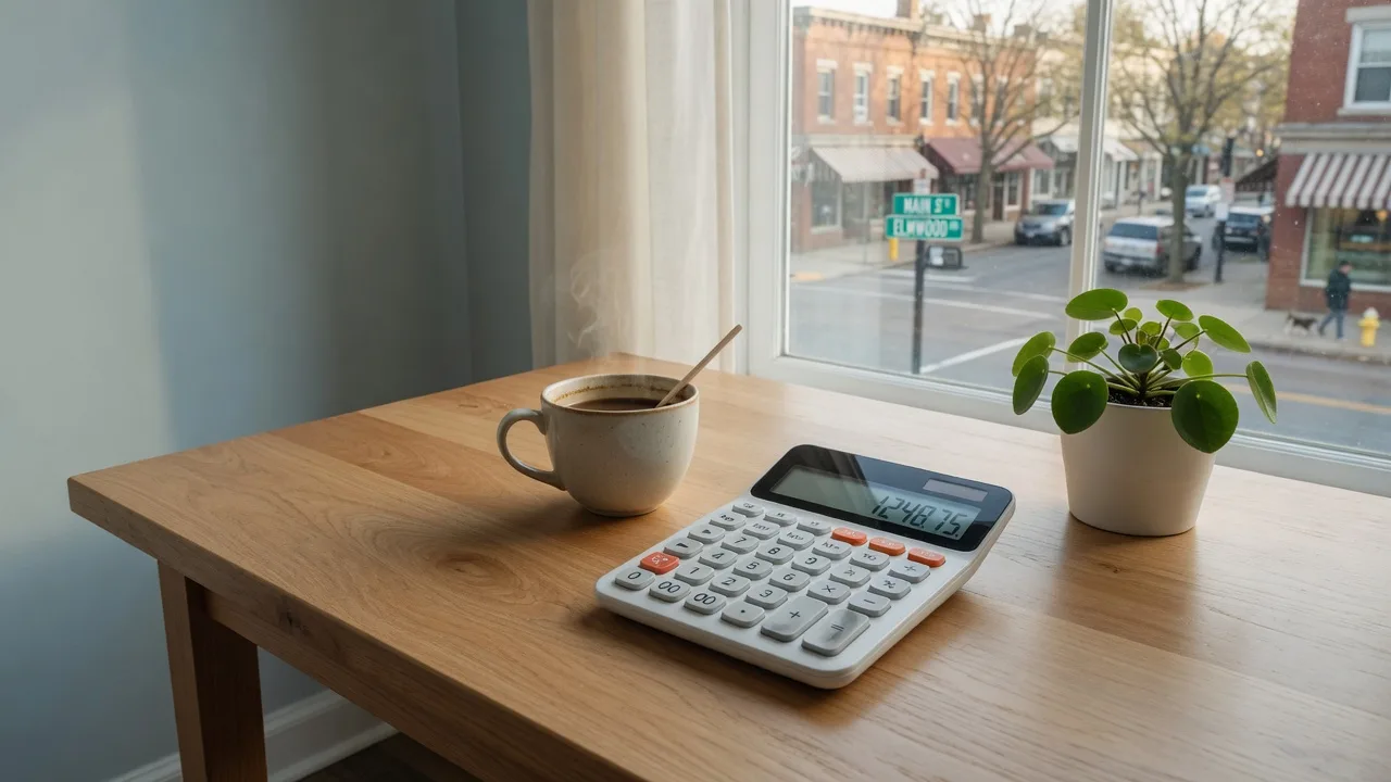 Modern calculator on a desk with a coffee cup, soft window light, and a Bergen County street visible through the glass.
