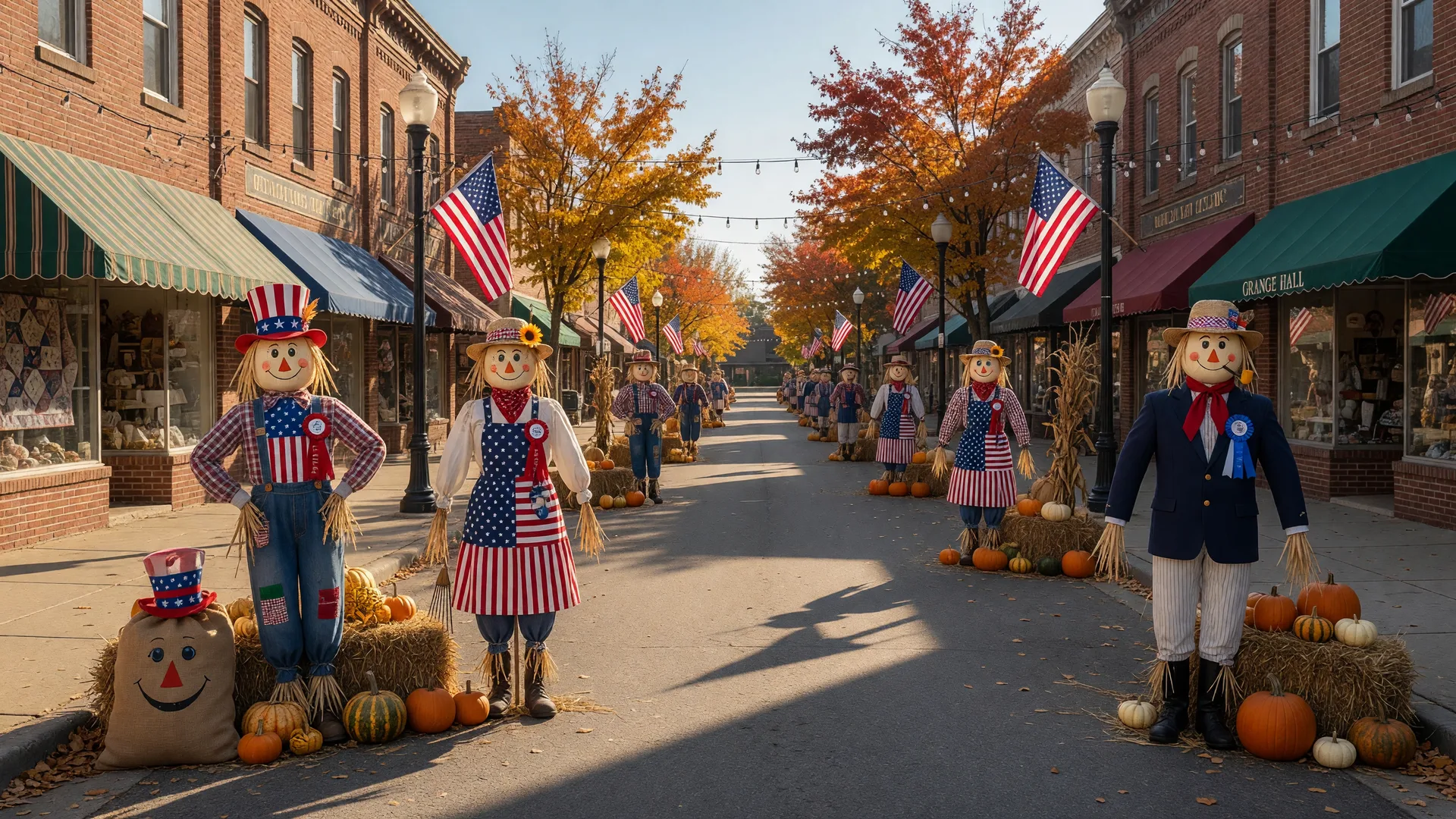 Whimsical patriotic scarecrow displays with pumpkins along a small-town main street