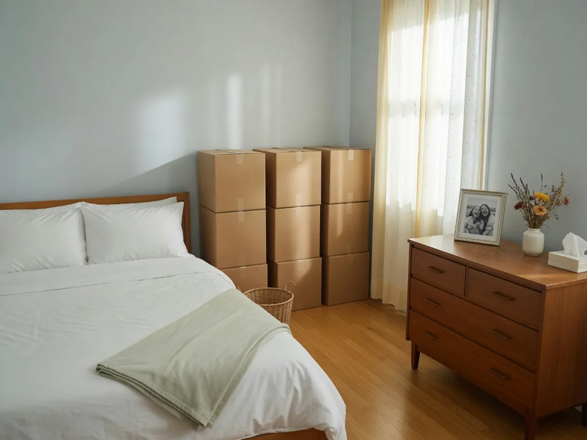 A bright bedroom neatly organized with boxes during a calm, orderly downsizing move