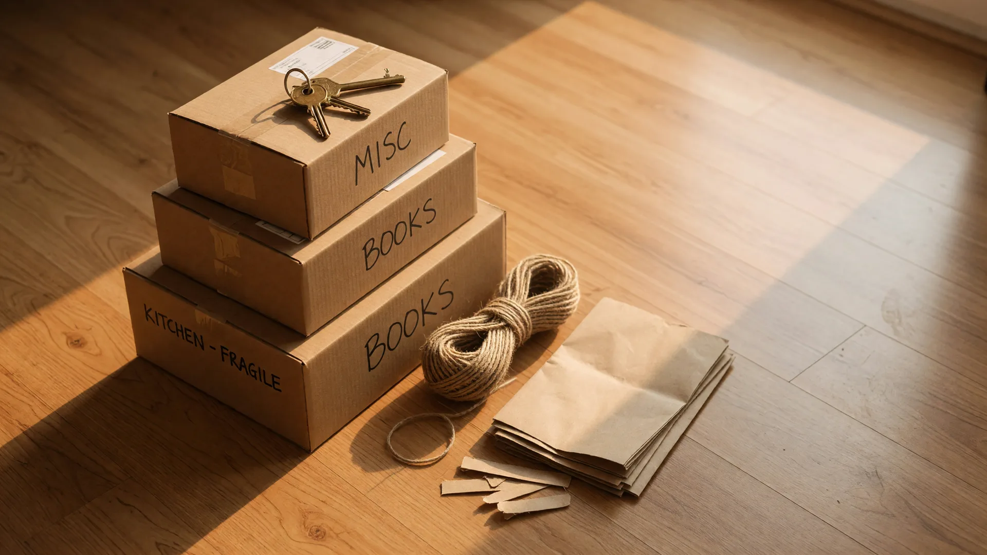 Stacked moving boxes with a brass house key on top in warm window light