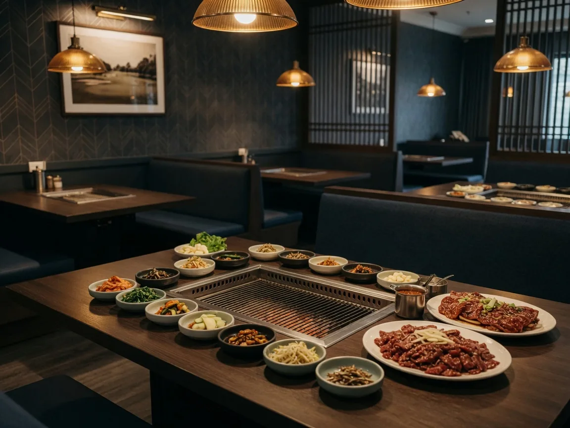 Meat 120 Korean BBQ dining room at Hamilton Mill in Dacula Georgia, an upscale Korean barbecue restaurant with dark wood, tabletop grills, and warm amber lighting