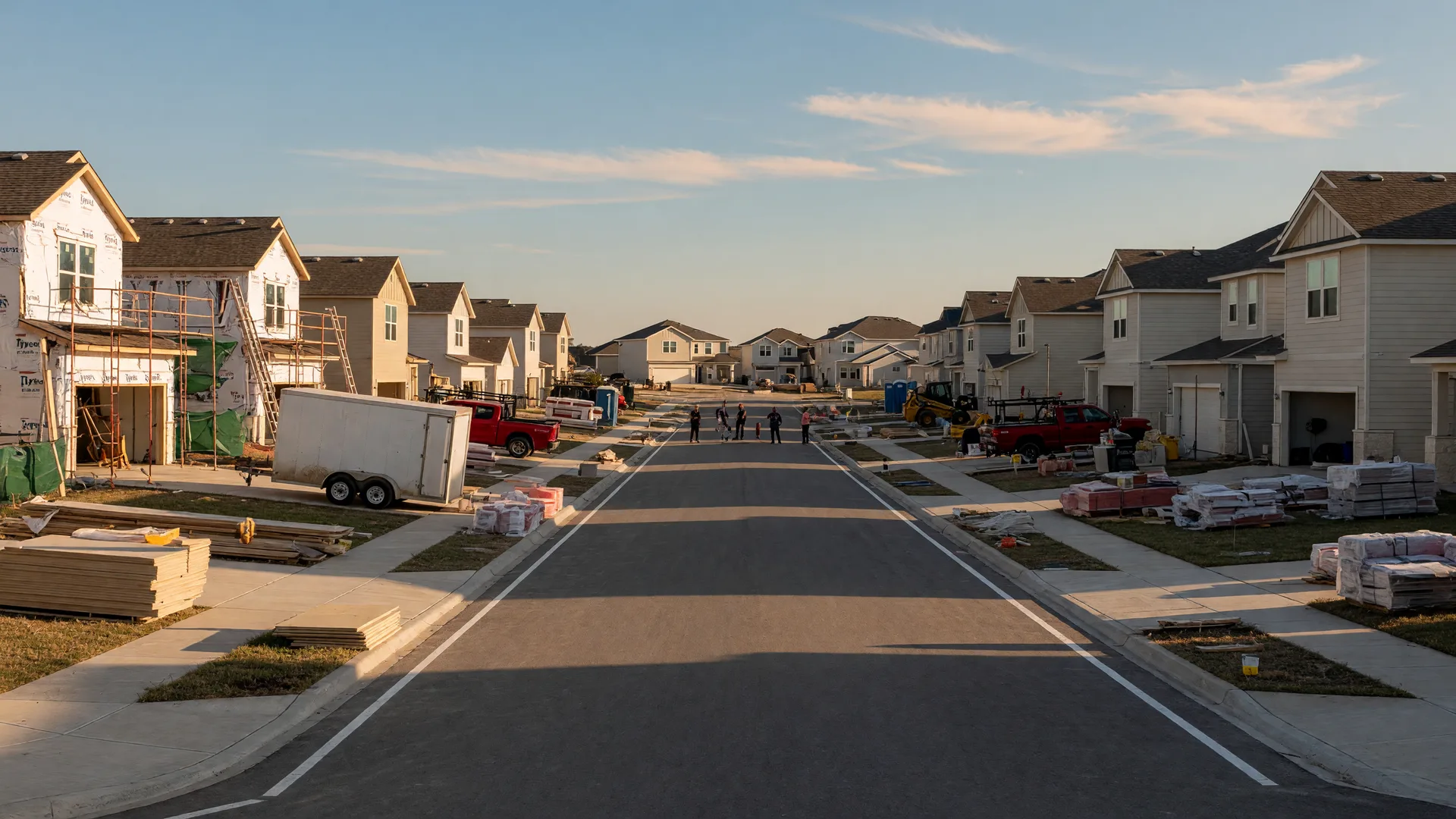 New Texas subdivision with rows of two-story homes under construction at late-day sun