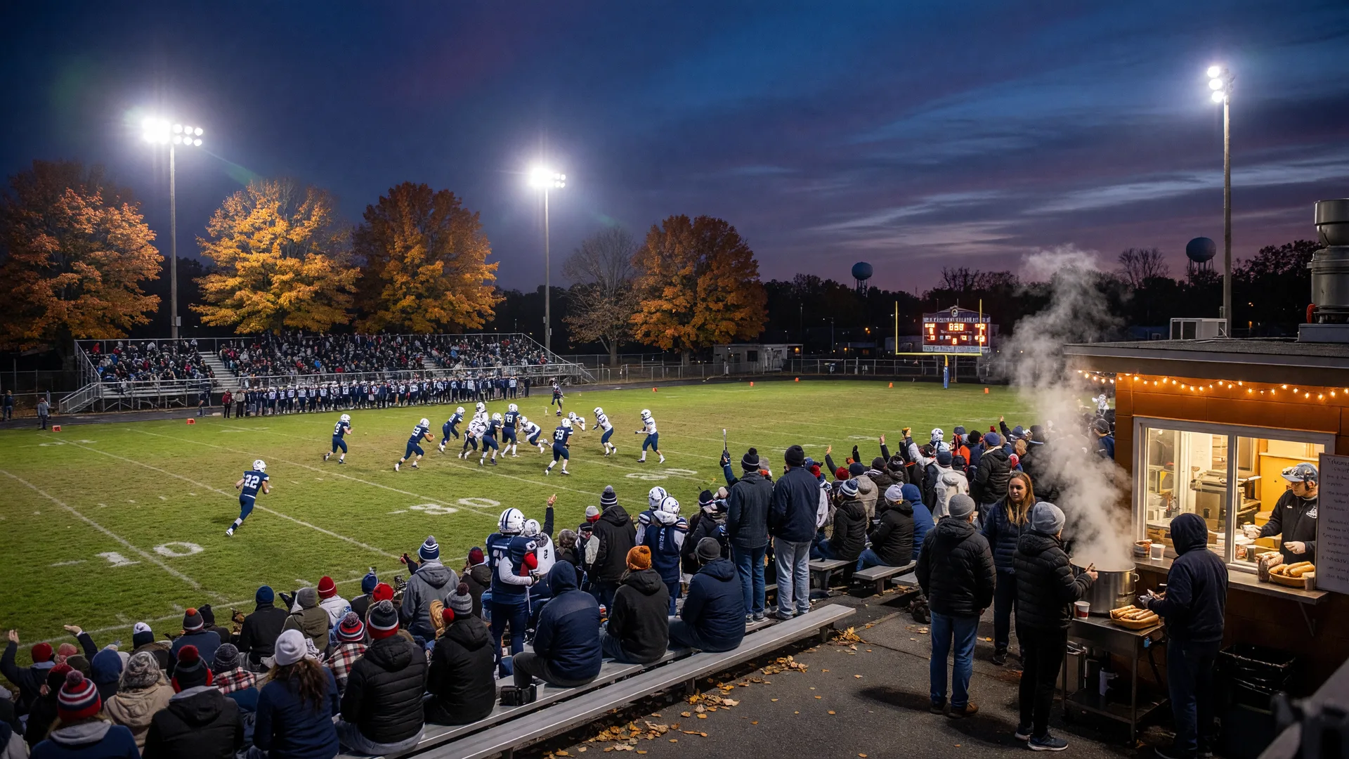 Friday night high school football under the floodlights in the Lehigh Valley on a cool October evening, navy and white players on the field, autumn trees turning gold along the fence, a crowded hometown bleacher stand, warm concession lights and a deep blue twilight sky