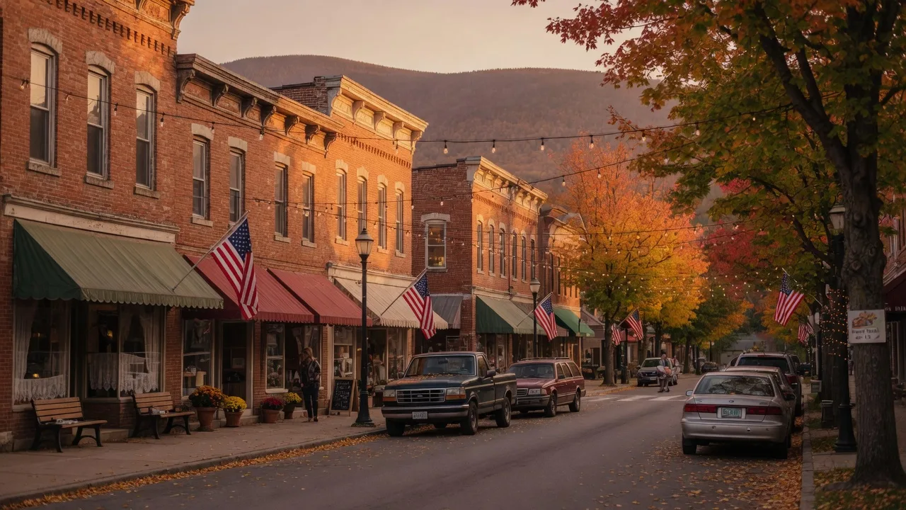 Charming main street in Milford PA with historic storefronts