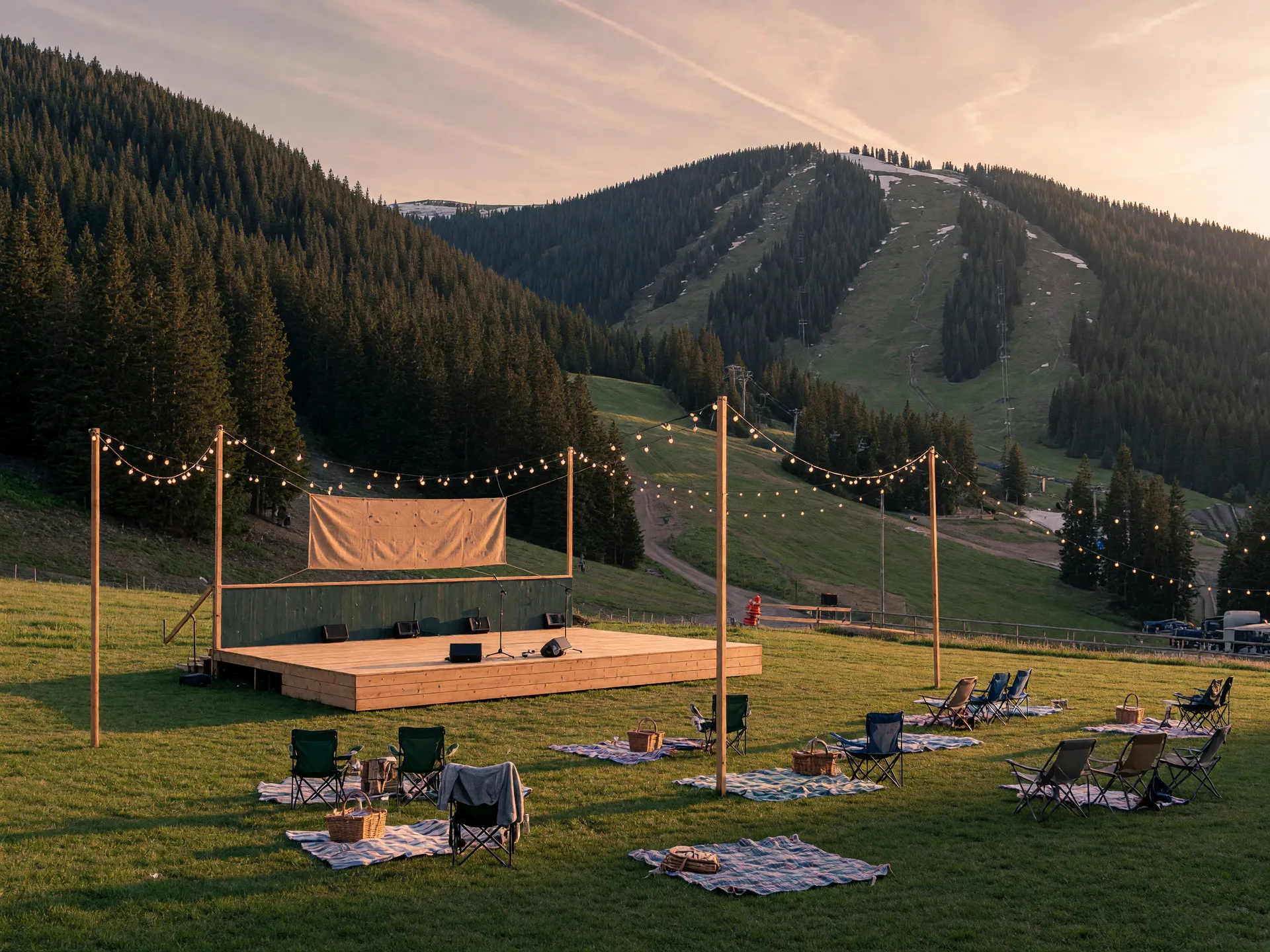 An outdoor summer concert stage with string lights at the base of a ski slope