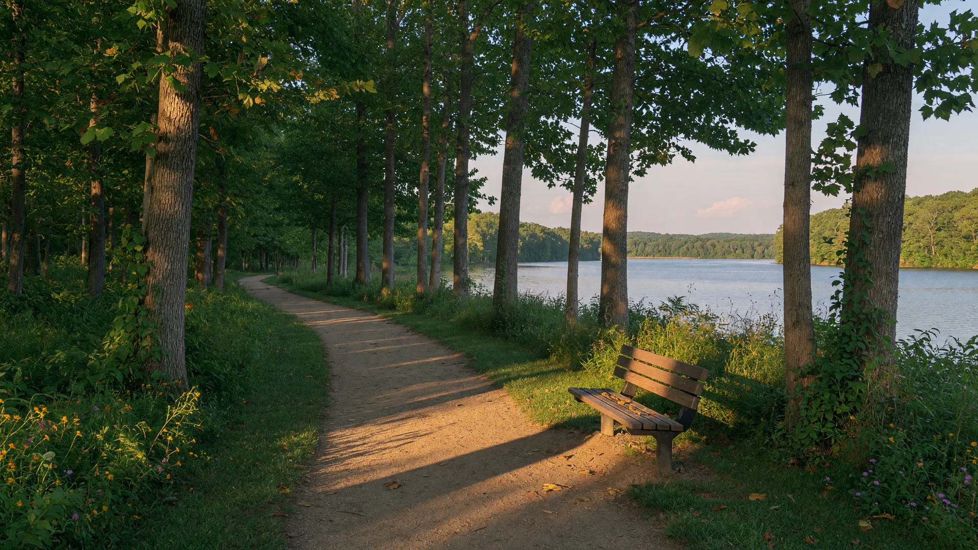 Walking trail at Caledon State Park along the Potomac River with dappled sunlight and a wooden bench