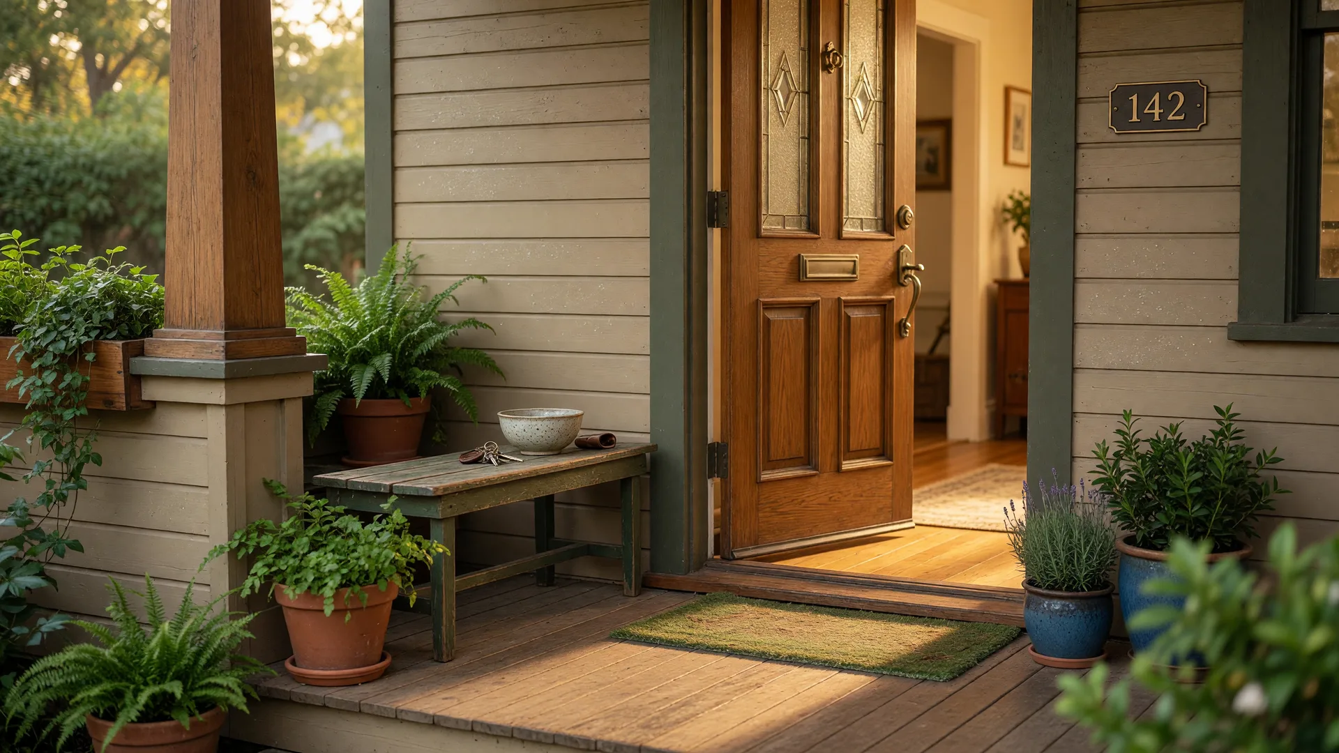 A craftsman-style front door held open with a bowl of house keys on the porch, warm morning light