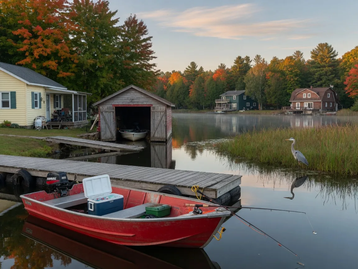 A red fishing boat drifting beside a wooden dock and boathouse on a calm Lake Scugog in early autumn, with a heron at the marshy shore and turning maples across the water