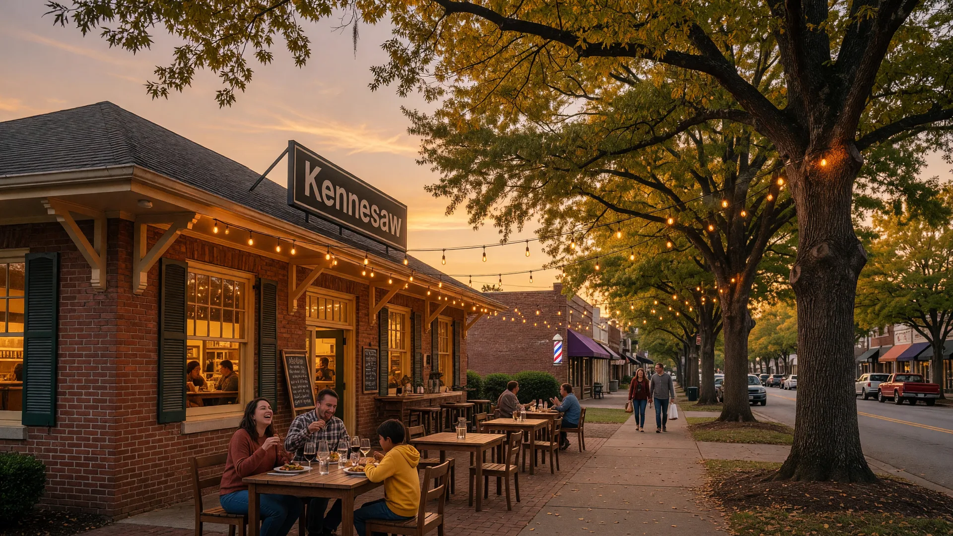 Downtown Kennesaw's historic train depot district at golden hour with outdoor patio dining, string lights, and warm restaurant glow