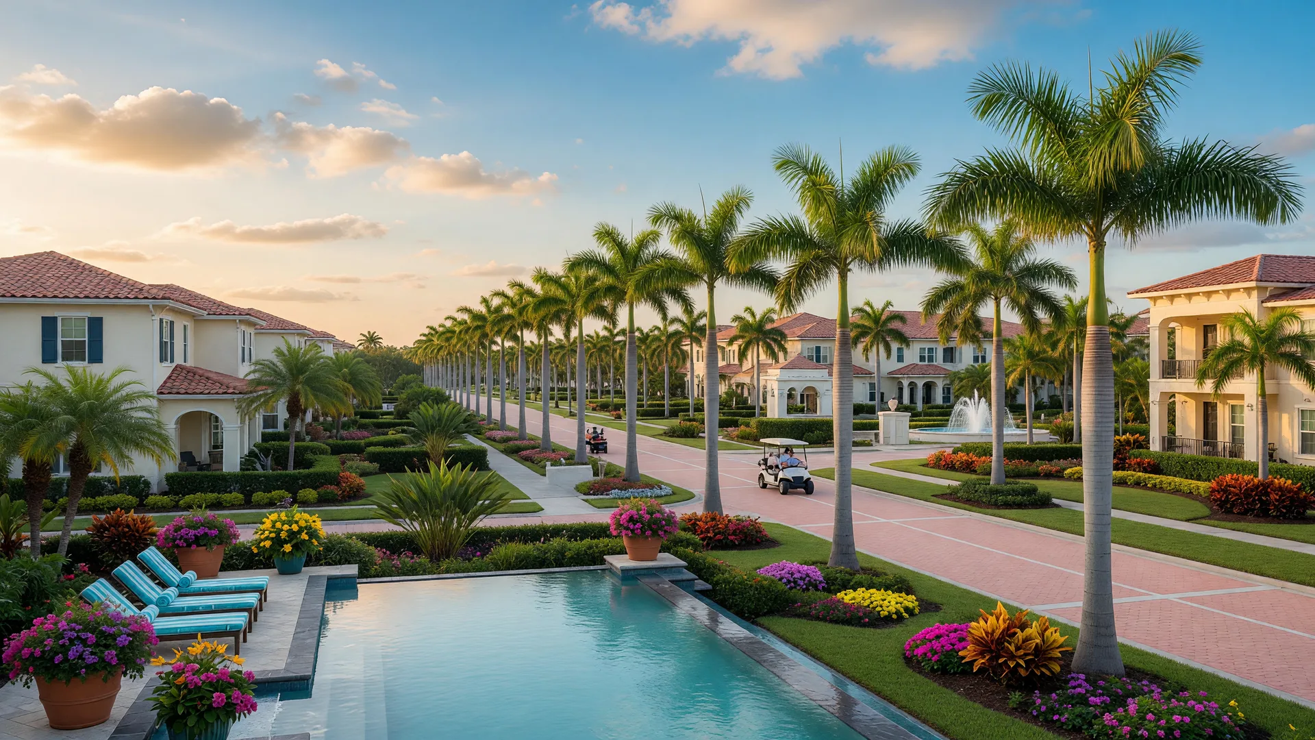Estero, Florida master-planned community with palm-lined streets and resort-style pool on a bright morning