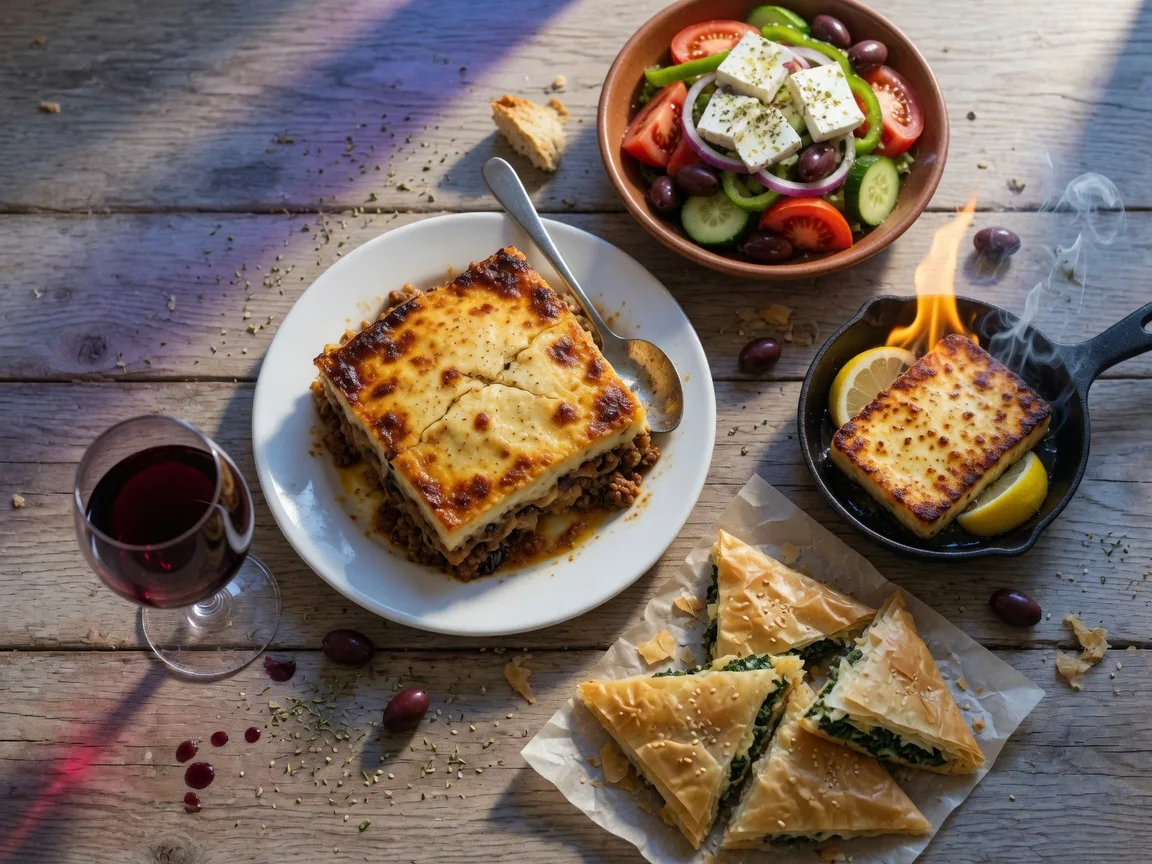 Overhead view of authentic Greek cuisine at My Big Fat Greek Taverna including moussaka with golden béchamel, flaming saganaki, spanakopita, Greek salad with feta, and red wine