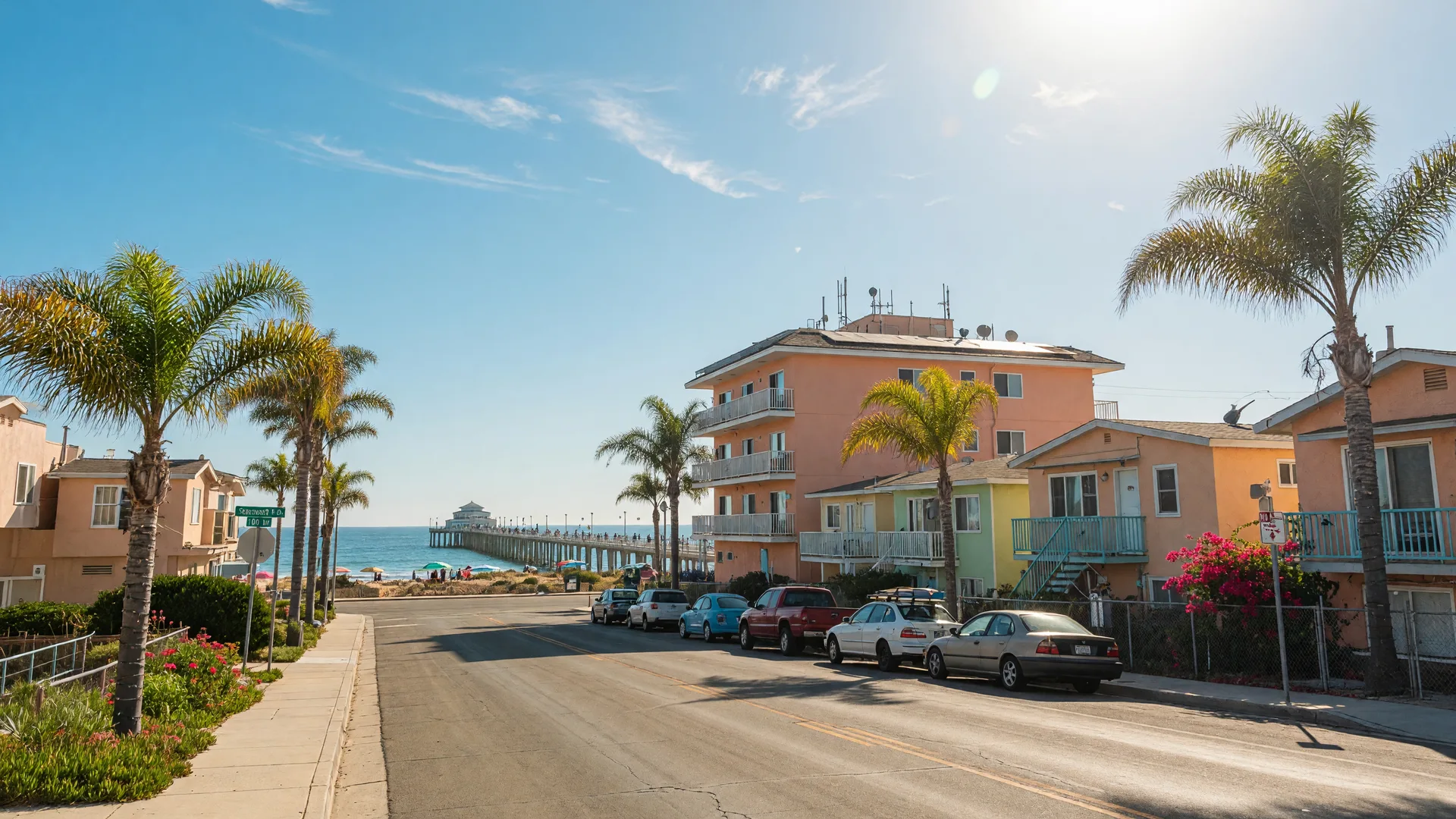 Sunny residential street in Imperial Beach, California with single-family homes, a small condo building, and palm trees near the ocean in ZIP 91932