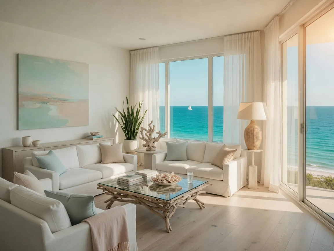 Bright and modern Naples condo interior with open-concept living room, white furniture, and floor-to-ceiling windows overlooking the Gulf of Mexico