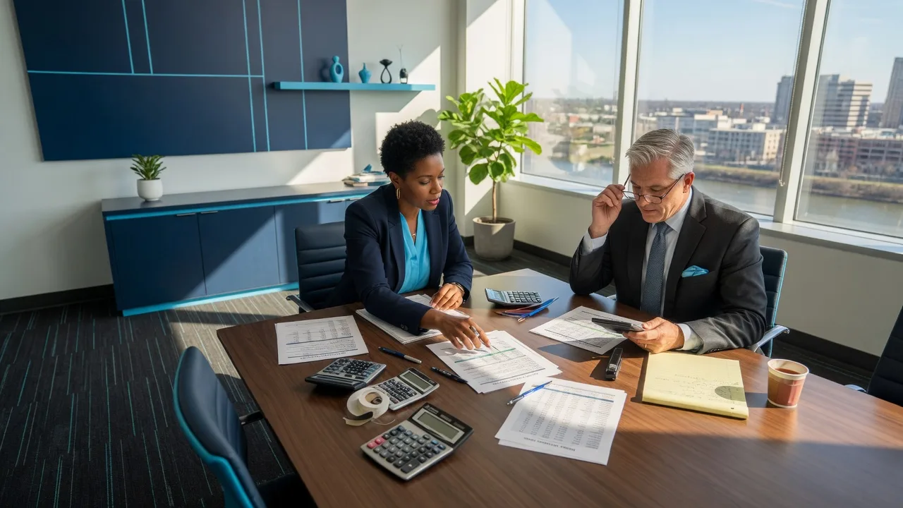 Two real estate agents reviewing commission documents at a conference table in a modern Dayton office