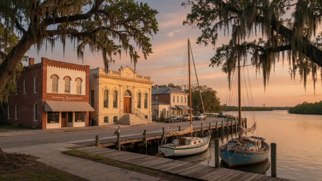 Palmetto's historic downtown at golden hour on the Manatee River, with an early-1900s brick building, a weathered dock with moored sailboats, and live oaks draped in Spanish moss