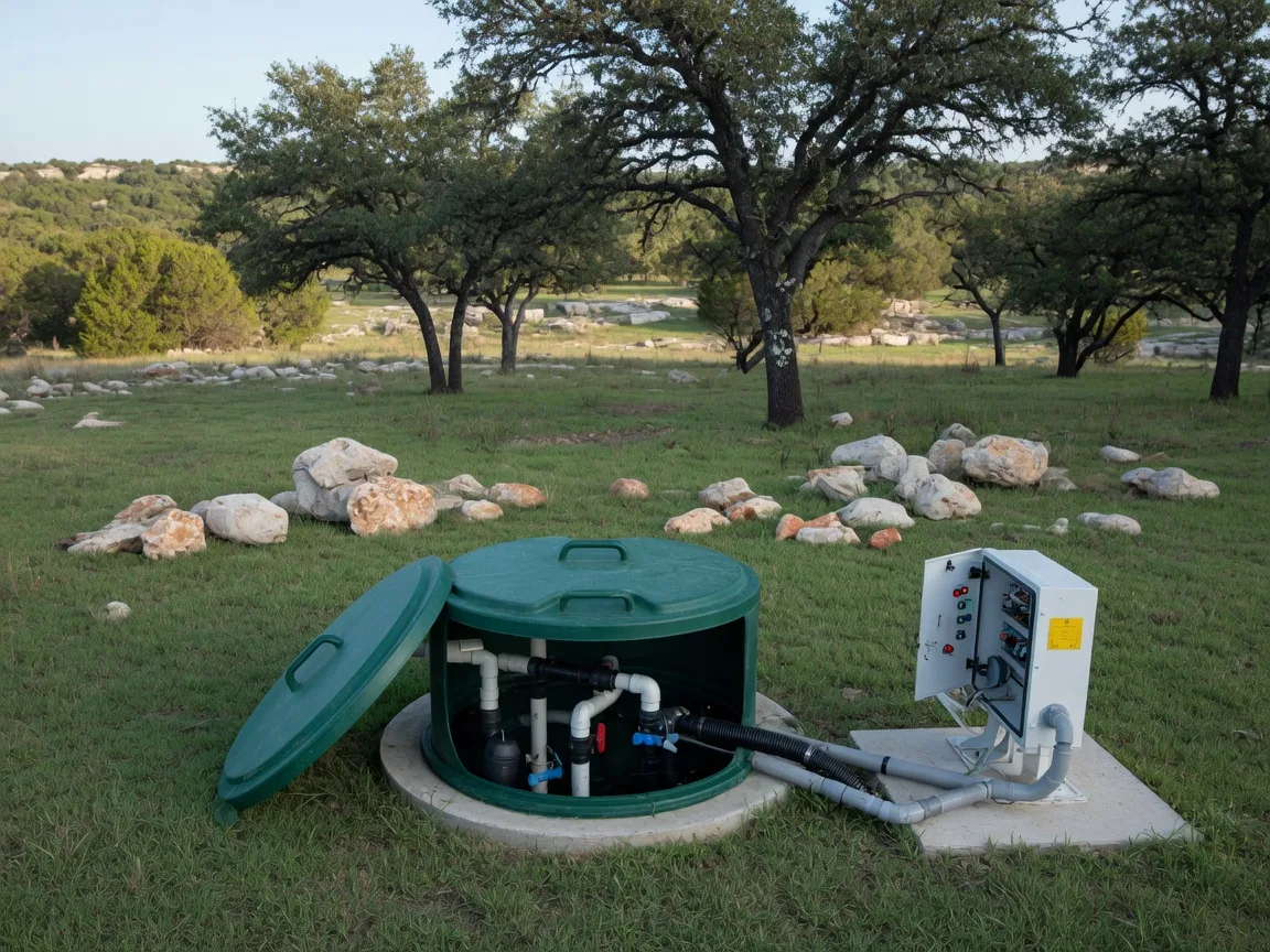An aerobic septic system access lid and control panel in a Hill Country yard, representing the OSSF permit and maintenance records that transfer with a sale