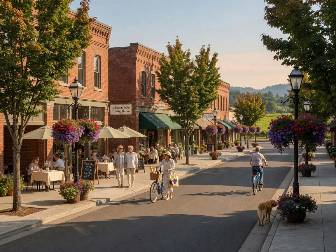 Oregon wine country main street with historic buildings