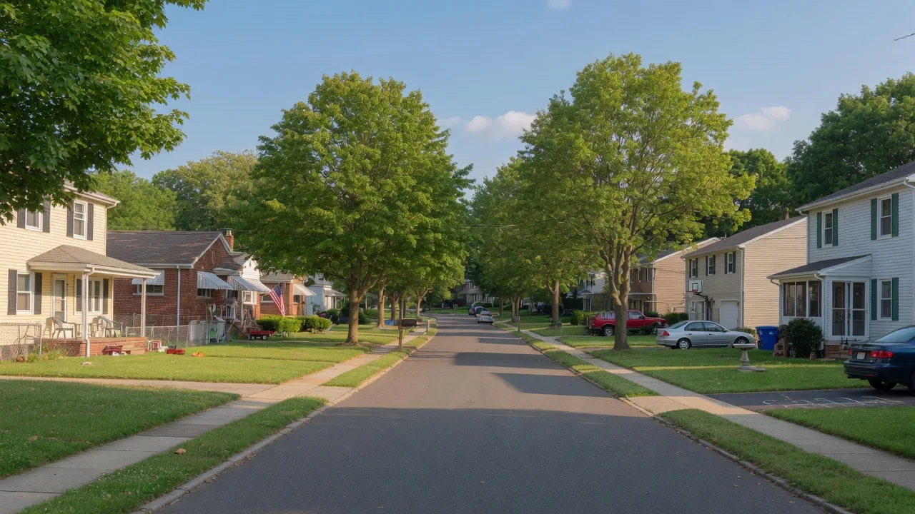 Tree-lined residential street in a New Jersey neighborhood